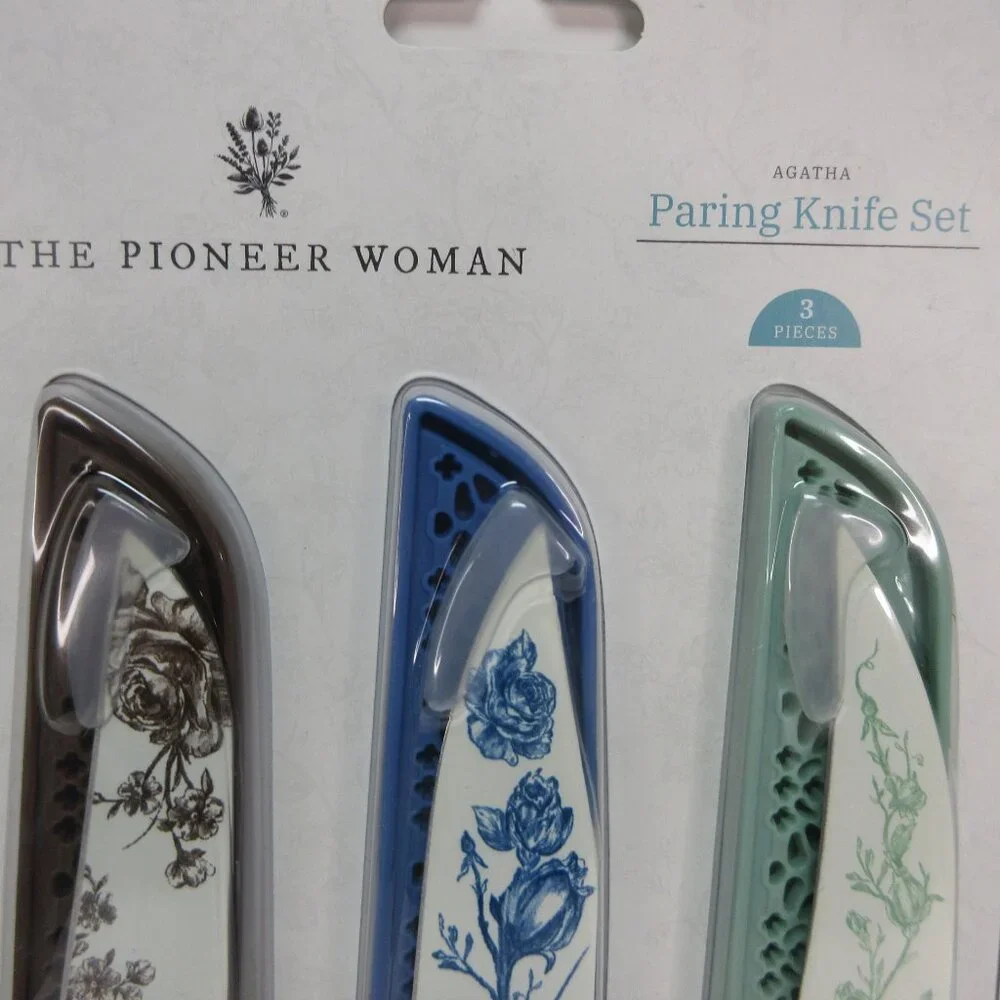 Pioneer Woman Agatha Floral Paring Knife Set Stainless Steel Green Blue Brown 3p
